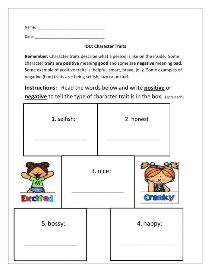 Fifth grade student worksheet for reading and comparing character traits