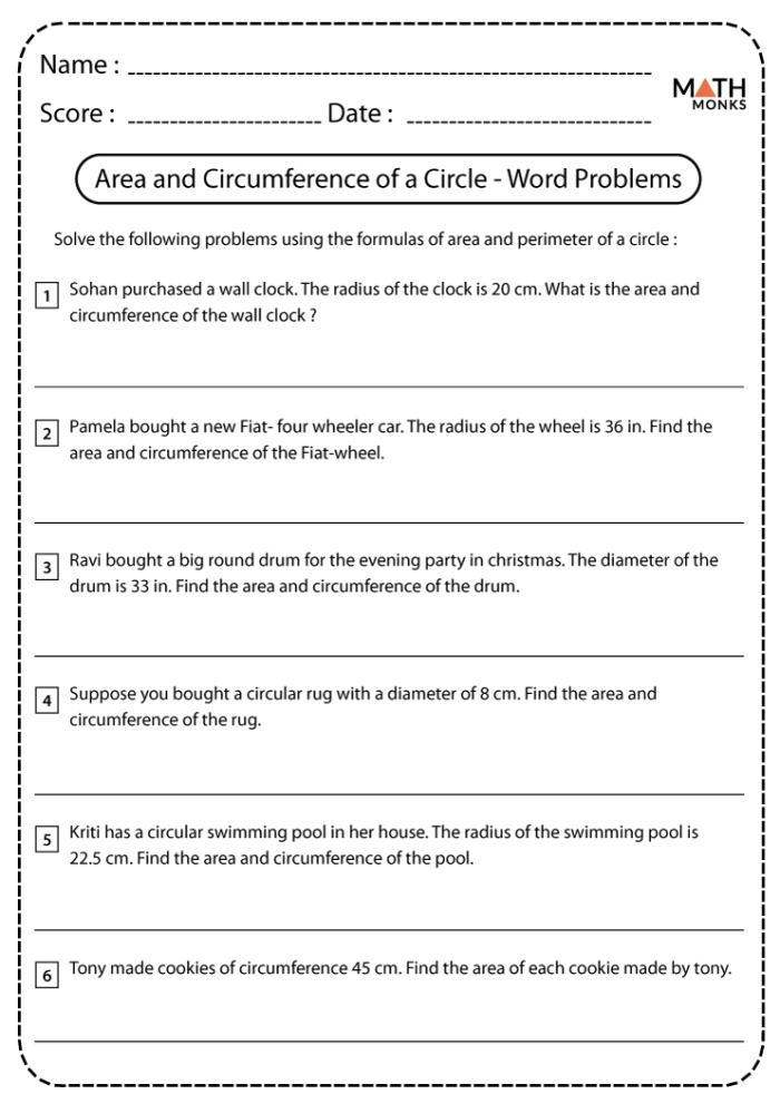 Fifth grade math worksheet featuring geometry problems about the area and circumference of cookie-shaped circles