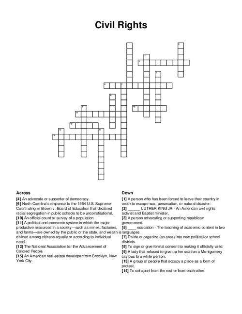ALT text: Fifth grade crossword puzzle about American Civil Rights Movement featuring key figures and events from the 1950s and 1960s