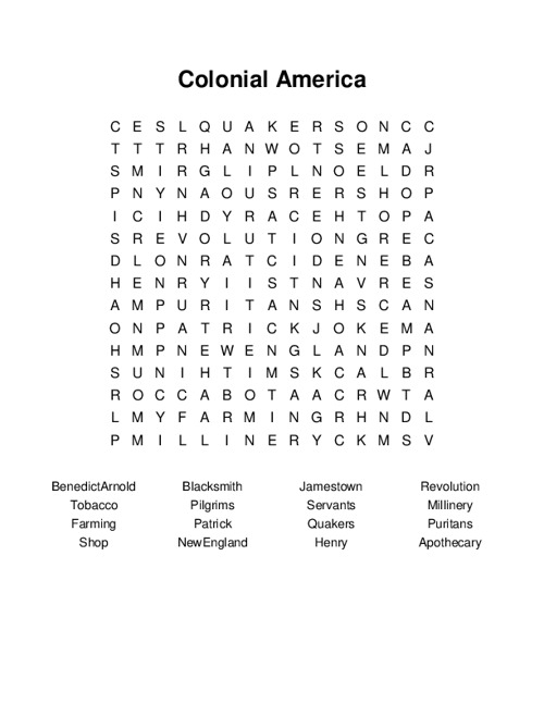 Fifth grade colonial word search worksheet with American history vocabulary terms