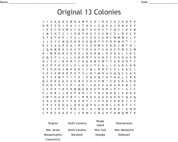 Fifth grade colonial word search worksheet number 15 for American history practice