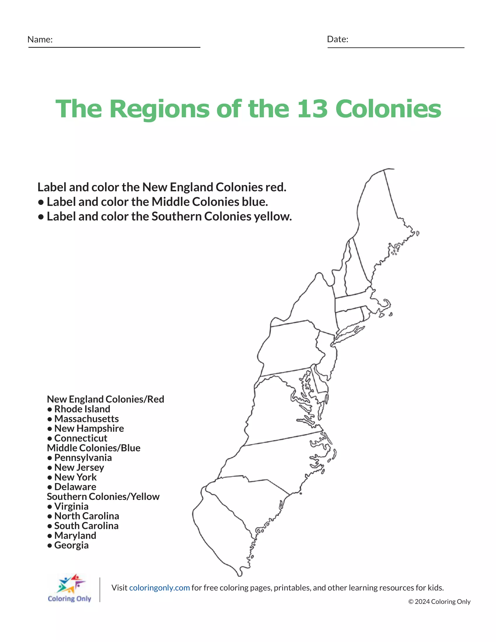 A fifth-grade worksheet featuring a map for labeling the 13 Colonies