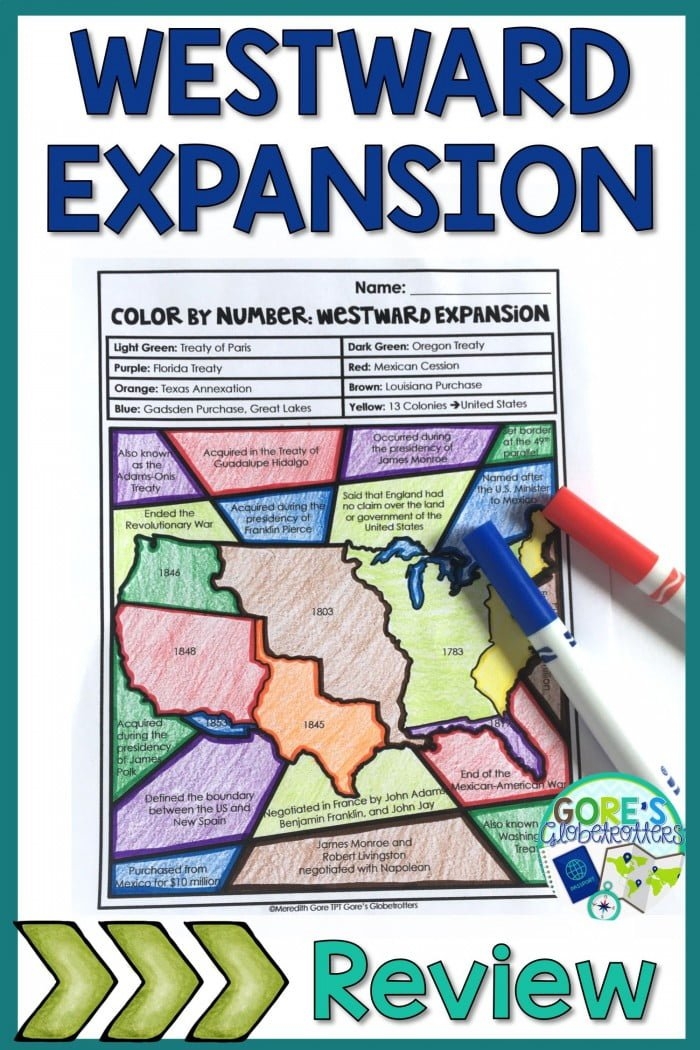 Interactive social studies activity for enhancing knowledge of U.S. expansion U.S. Expansion Color by History worksheet for fifth graders featuring states to color code