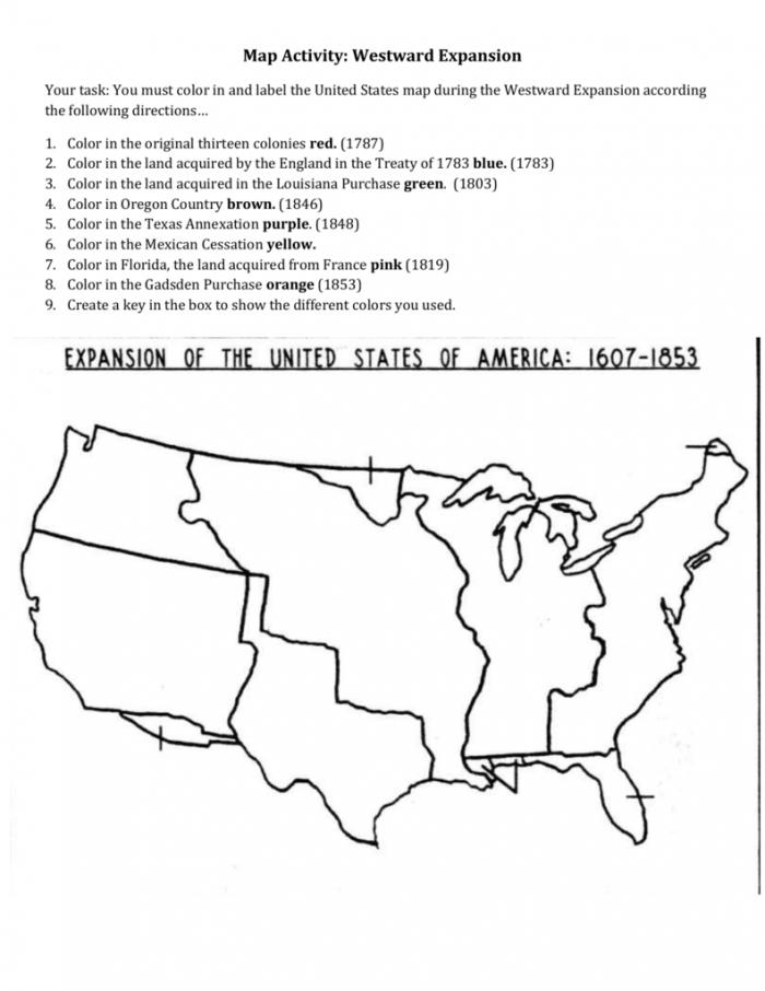 Interactive coloring exercise to enhance understanding of U.S. expansion history Fifth grade U.S. Expansion worksheet featuring a color-by-history activity for states