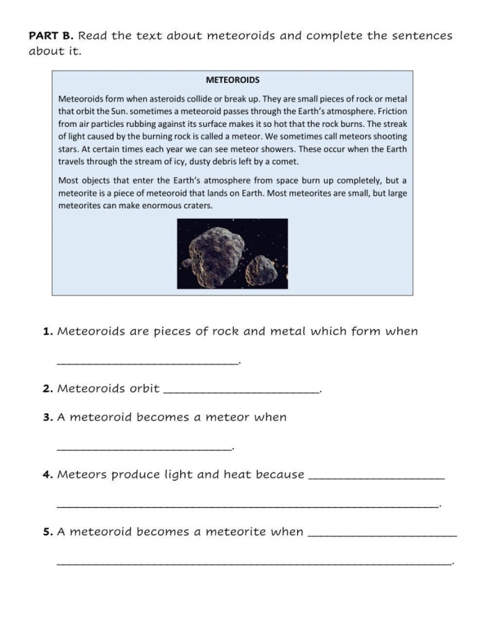 Comets vs Asteroids Vocabulary Worksheet for 5th Grade Science Fifth grade science worksheet comparing the characteristics of comets and asteroids