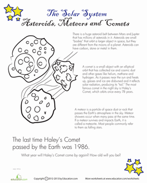 Stellar Earth and Space Science: Comets vs Asteroids Learning Activity 12 Fifth grade vocabulary worksheet showing the differences between comets and asteroids in space science