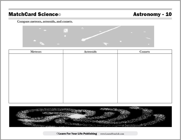 Comets and Asteroids: Earth and Space Science Learning Activity for Grade 5 Fifth grade vocabulary worksheet comparing the characteristics and differences between comets and asteroids in space