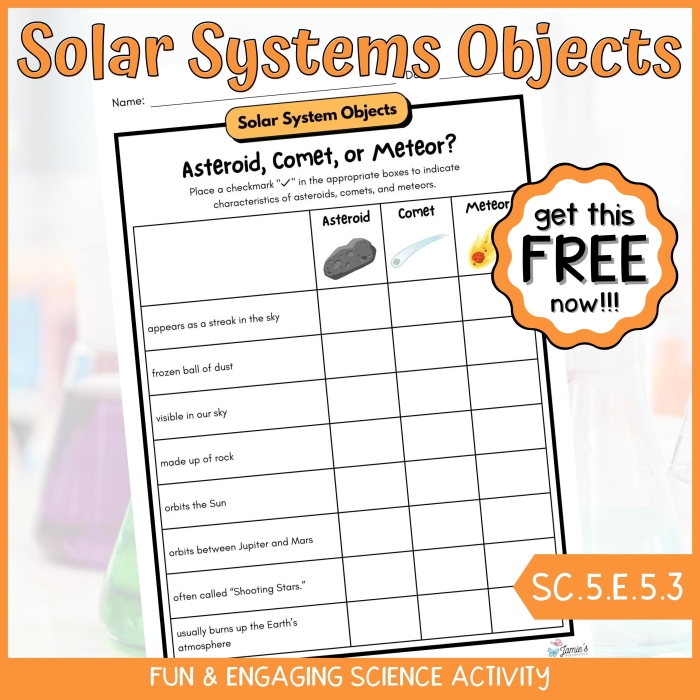 Comets and Asteroids Worksheet 22 for Earth and Space Science Learning Fifth grade vocabulary worksheet comparing comets and asteroids with educational diagrams and definitions