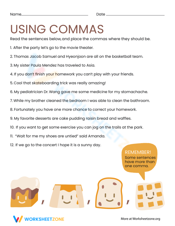 Fifth grade students proofreading sentences and inserting missing commas in a punctuation practice worksheet