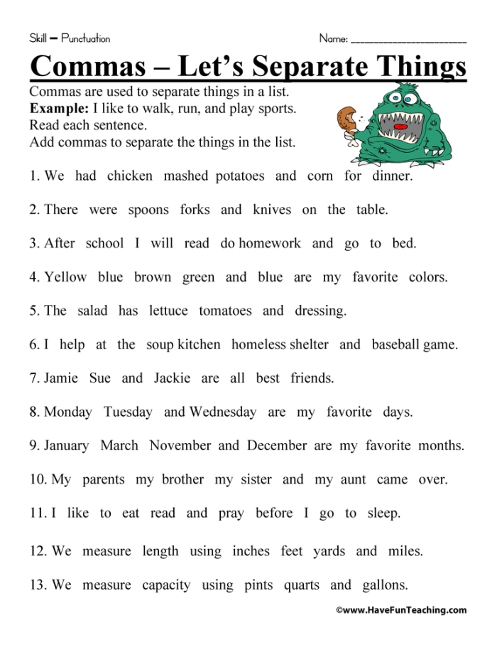 A fifth grade writing worksheet featuring twelve practice sentences for students to insert missing commas.