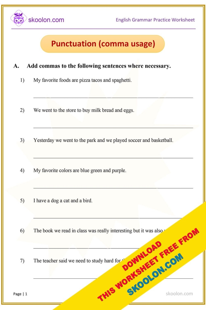 Fifth grade writing worksheet showing sentences that need commas added during proofreading practice