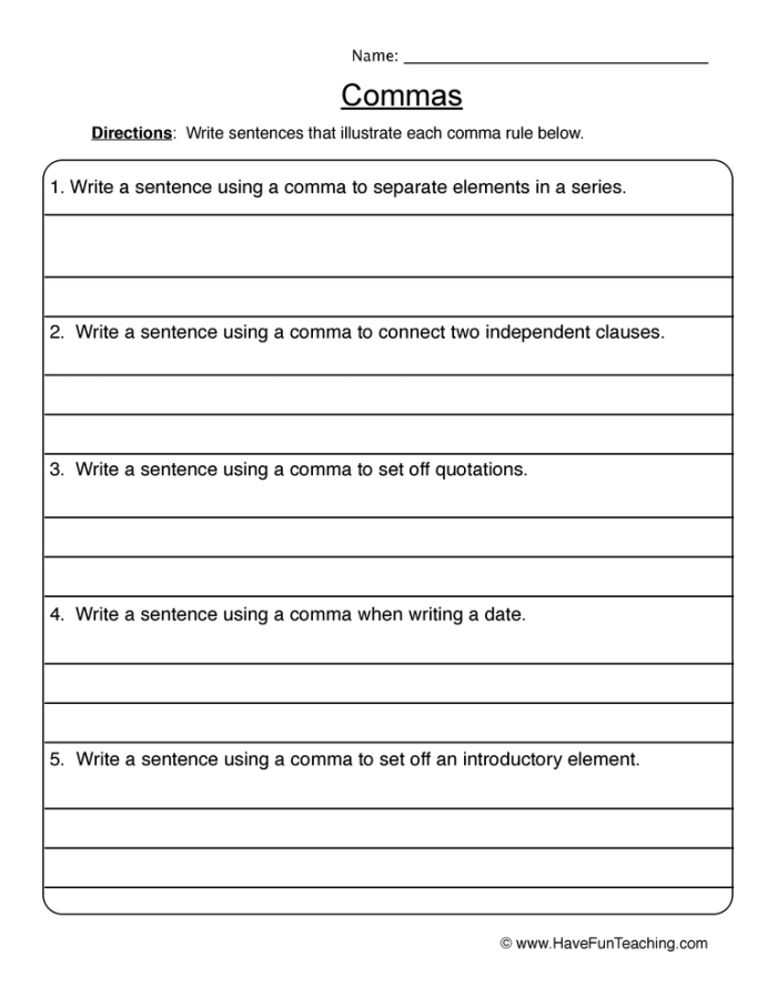Fifth grade grammar worksheet showing sentences that need commas added during proofreading practice