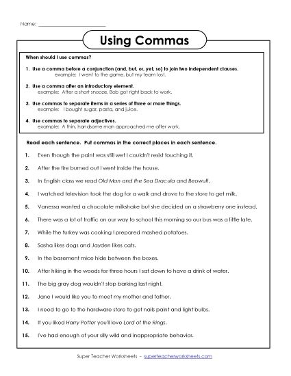 Fifth grade writing worksheet showing sentences that need commas added during proofreading practice