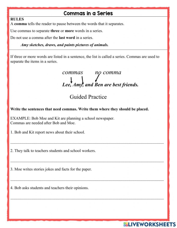 Commas in Lists Practice Activity for Elementary Students Fifth grade grammar worksheet showing commas in a series exercises with example sentences and practice activities