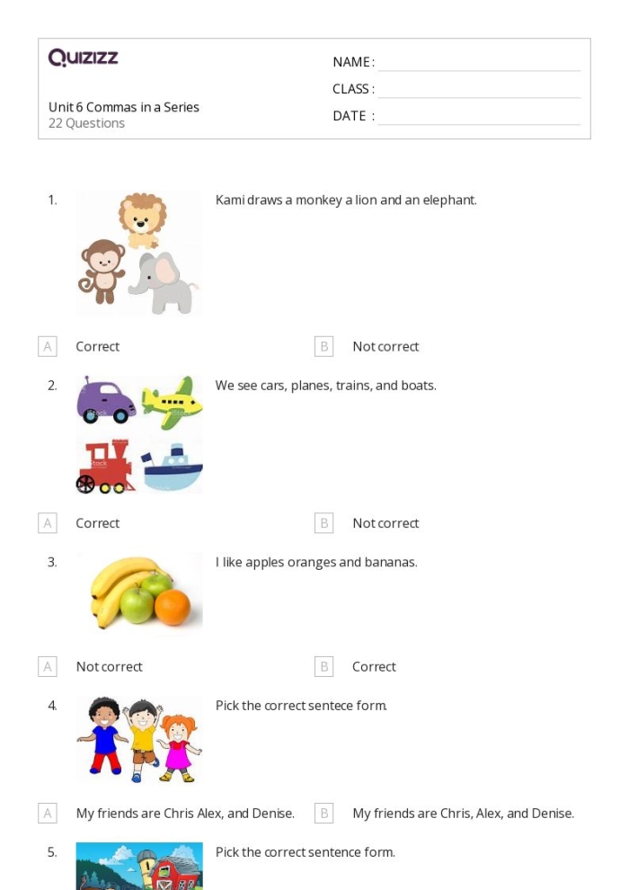Commas in a Series Grammar Practice Activity for Elementary Students Fifth grade grammar worksheet showing practice exercises for using commas correctly when listing items in a series