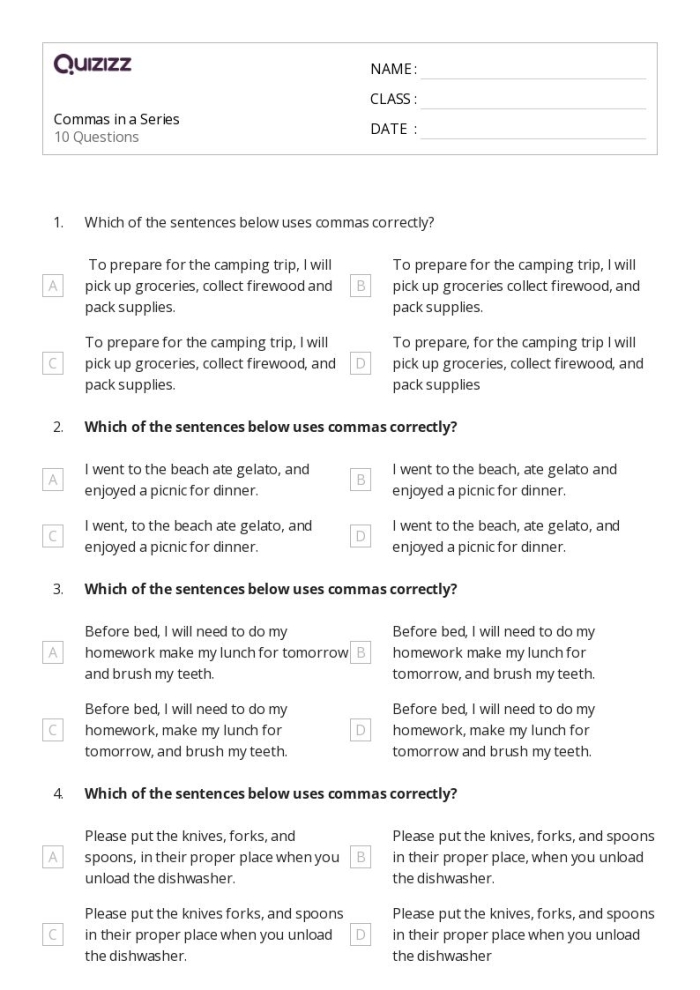 Commas in a Series Practice Worksheet Number 19 for Fifth Grade Life Science Fifth grade science student completing a grammar worksheet about using commas in a series of life science terms