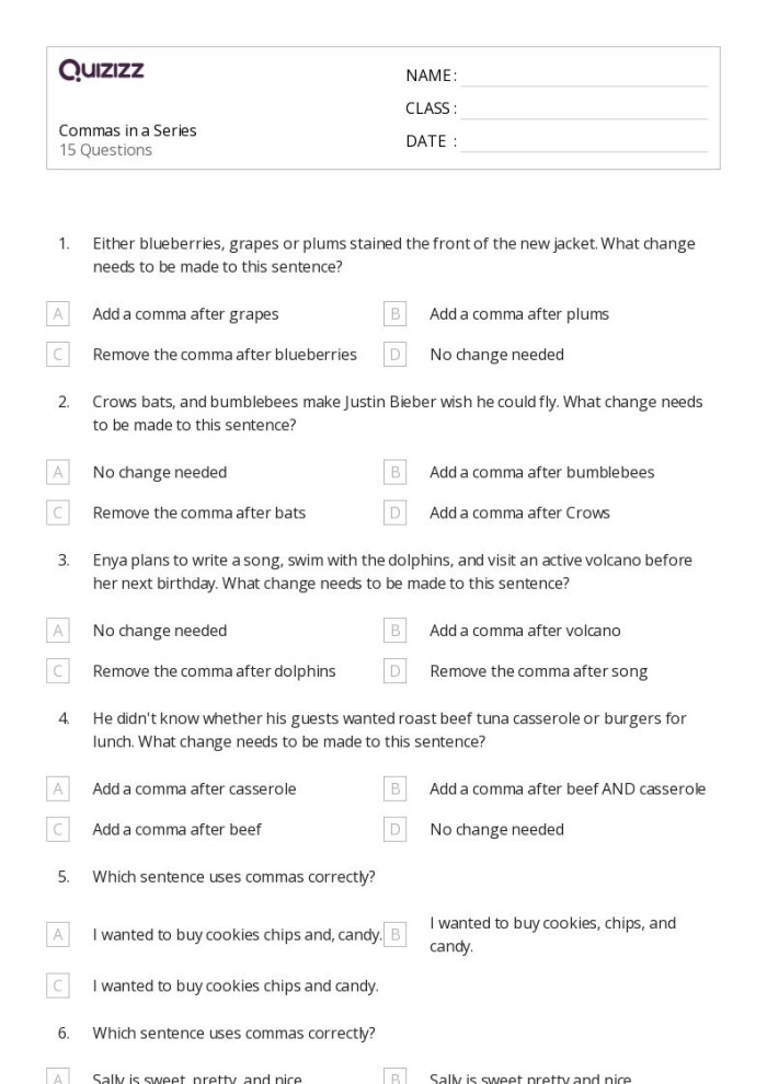 Commas in a Series Worksheet Life Science Practice 15 Fifth grade worksheet for practicing commas in a series with life science themes