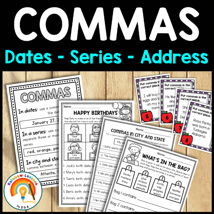Commas in a Series Practice Activity for Elementary Students Fifth grade grammar worksheet showing practice exercises for using commas correctly when listing items in a series