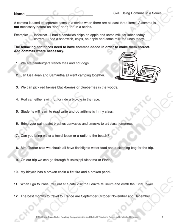 Commas in a Series Practice Activity for Elementary Students Fifth grade grammar worksheet showing practice exercises for using commas correctly in lists and series with life science examples
