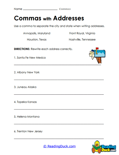 Fifth grade student proofreading sentences to add missing commas on a worksheet