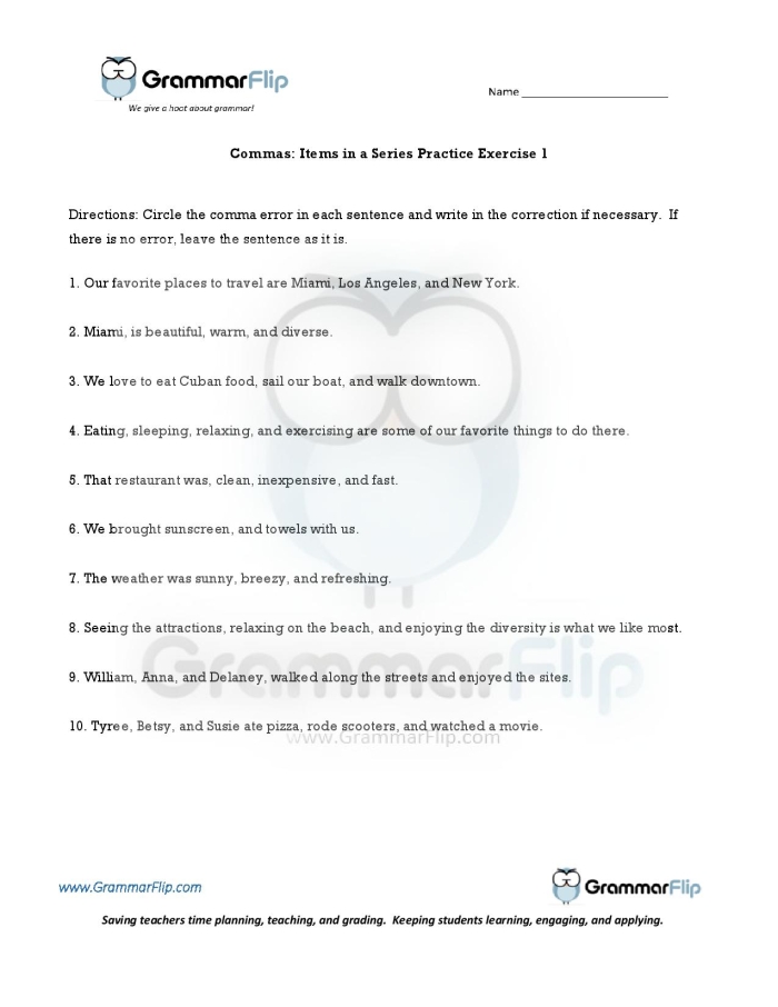 Commas in a Series worksheet number 23 for fifth grade life science practice Fifth grade grammar worksheet focused on using commas in a series with life science examples