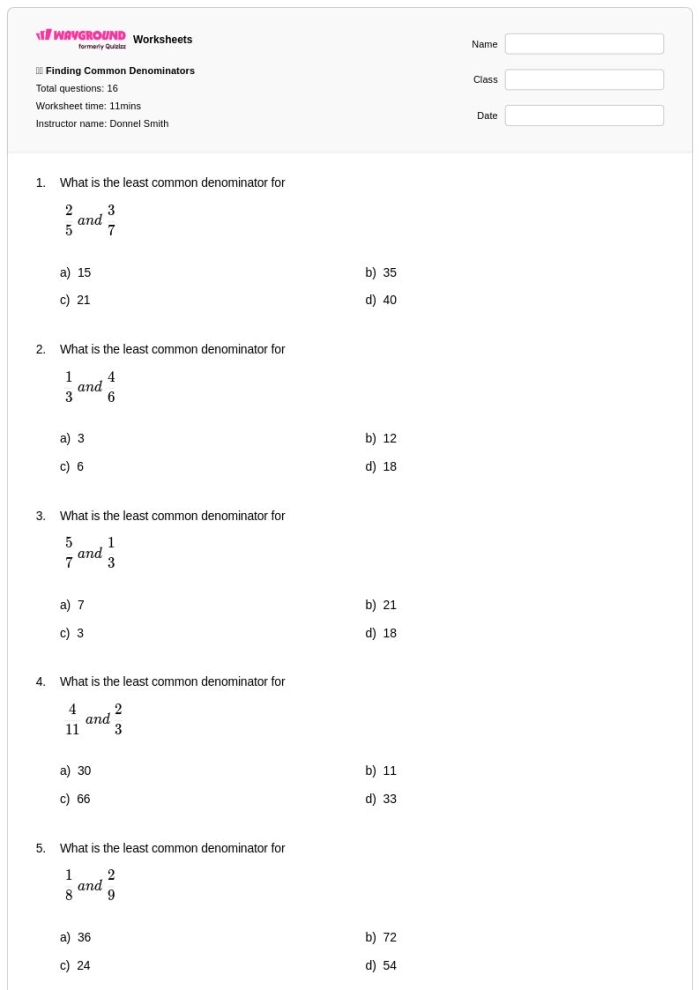 Fifth grade math cards for comparing two common denominator methods