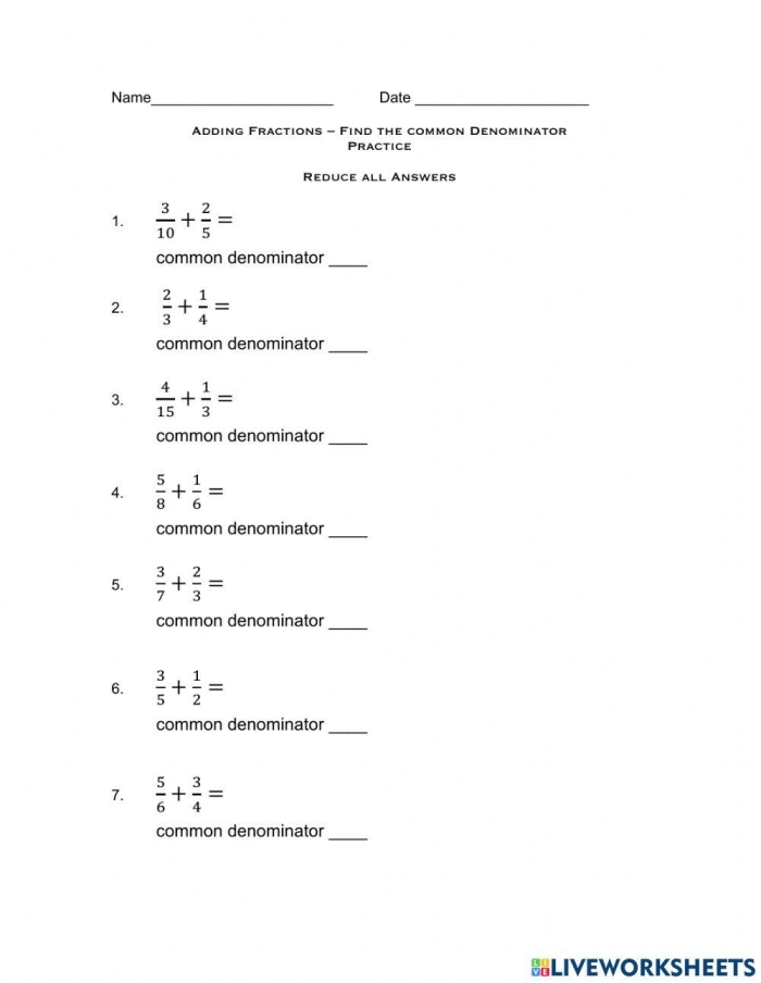 Fifth grade students comparing two different strategies for identifying common denominators on a learning worksheet