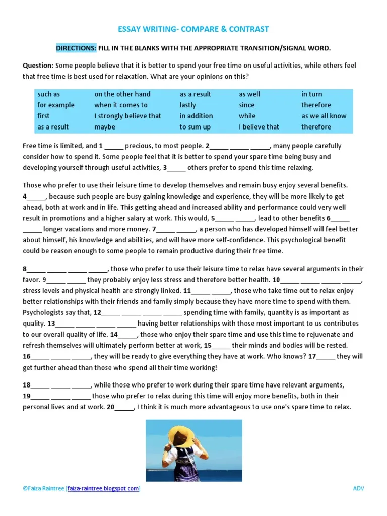Transition Words for Comparing & Contrasting Worksheet for Fifth Grade Students Worksheet featuring transition words for comparing and contrasting concepts for fifth graders