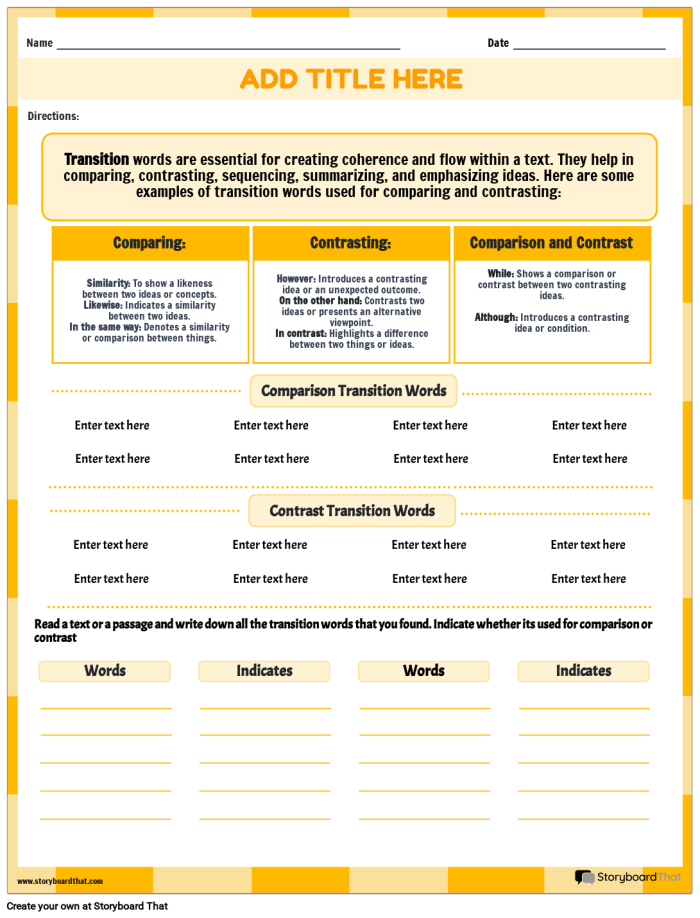Worksheet on transition words to aid in comparing and contrasting concepts Transition Words for Comparing and Contrasting worksheet for fifth graders