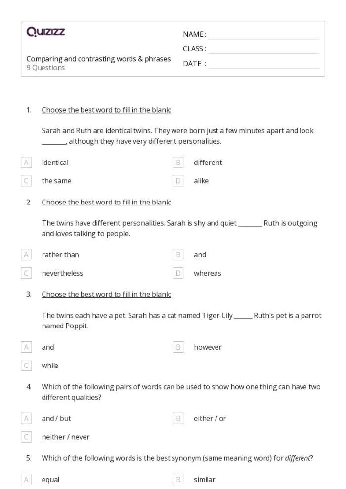 Educational resource on comparing and contrasting transition words for students Worksheet featuring transition words for comparing and contrasting concepts for fifth graders