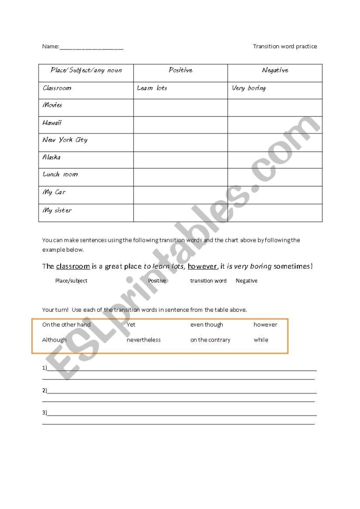 Addition worksheet for Fifth Grade Worksheet featuring transition words for comparing and contrasting concepts. Educational resource for fifth-grade students on addition.