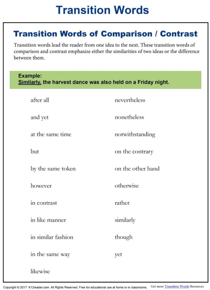 Addition worksheet for Fifth Grade Worksheet featuring transition words for comparing and contrasting concepts. Transition Words for Comparing & Contrasting worksheet for fifth graders.