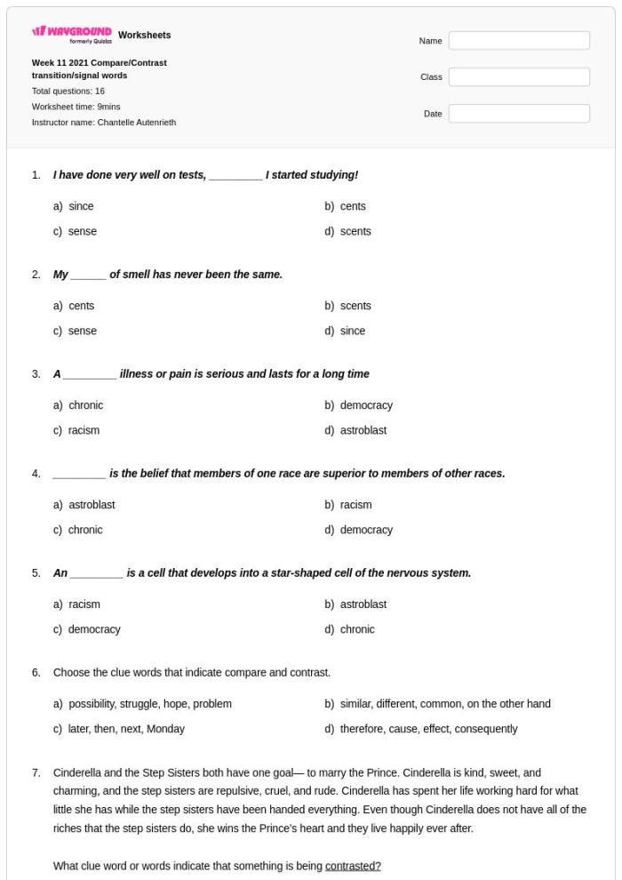 Visual guide for using transition words to enhance comparison and contrast skills Worksheet featuring transition words for comparing and contrasting in fifth-grade addition lessons