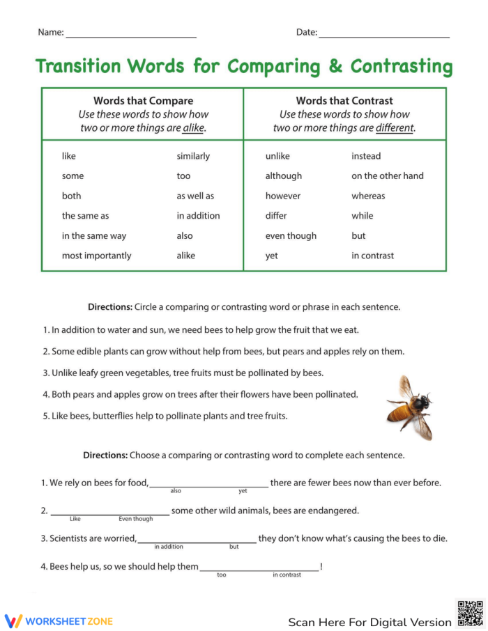 Addition worksheet for Fifth Grade Worksheet featuring transition words for comparing and contrasting in fifth grade. Educational resource for students to enhance their writing skills.