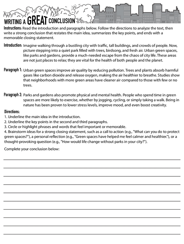 Engaging worksheet for fifth graders to practice impactful conclusion writing in algebra. Practice Writing a Conclusion worksheet for enhancing writing skills.