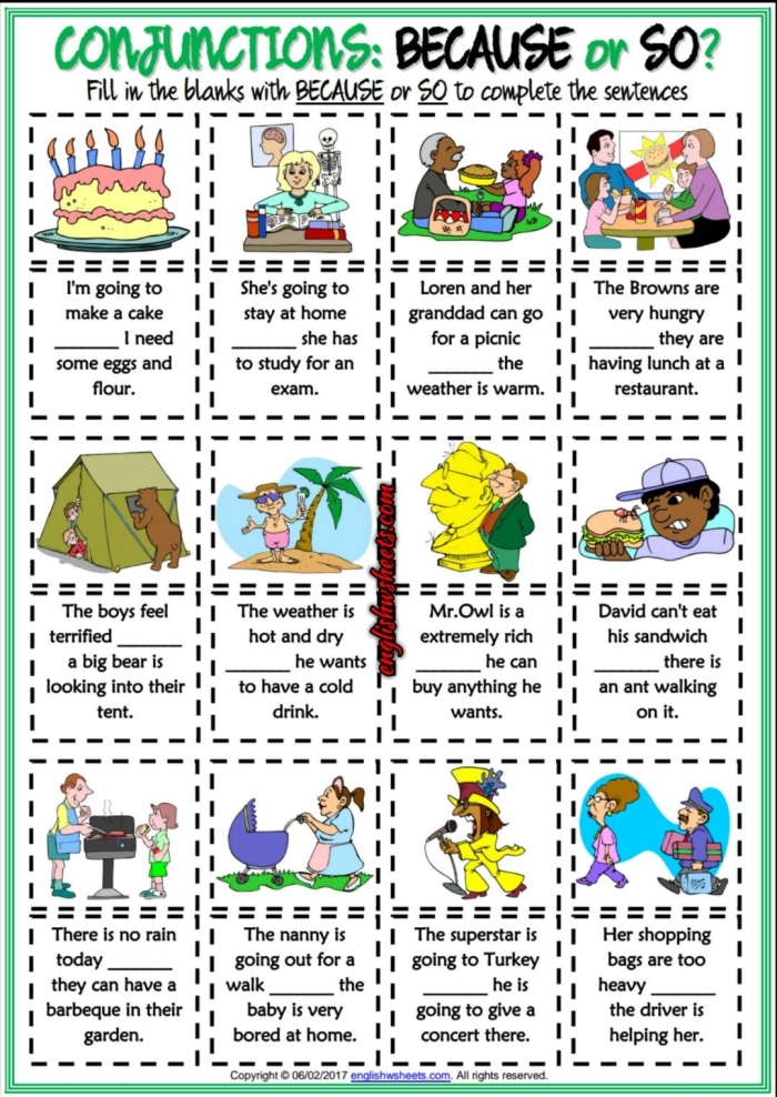 Fifth-grade grammar worksheet focusing on conjunctions with engaging review activities