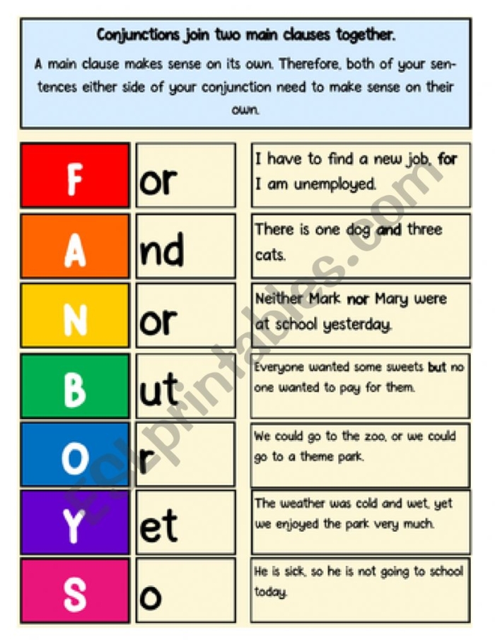 Fifth-grade grammar worksheet focusing on conjunctions with review activities