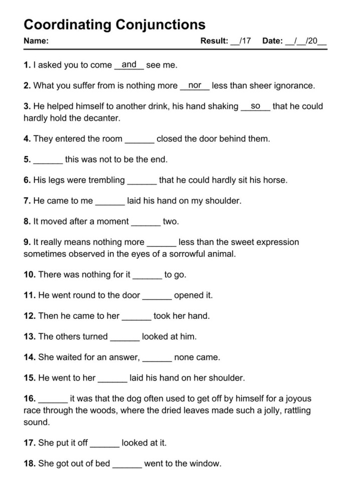 Fifth grade grammar worksheet focused on learning and practicing conjunctions