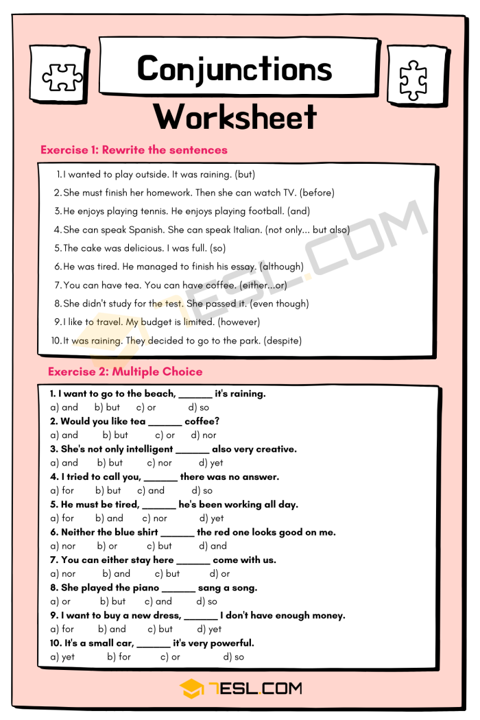 Fifth grade grammar worksheet focused on conjunctions with engaging review activities