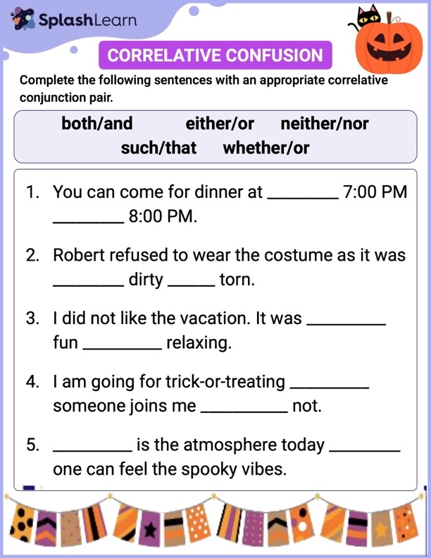 Fifth grade grammar worksheet featuring various conjunction exercises and review activities for students