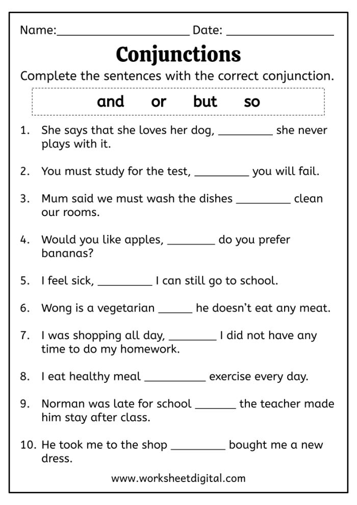 Worksheet for reviewing conjunctions in grammar for fifth graders