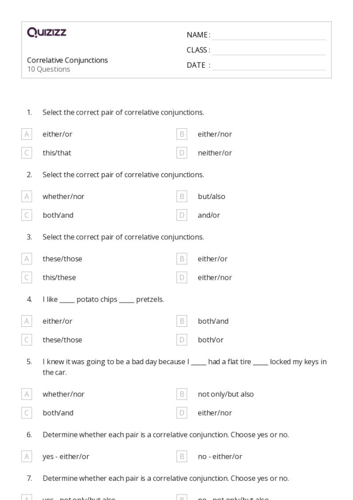 Fifth grade grammar review worksheet focusing on conjunctions for lesson number nine