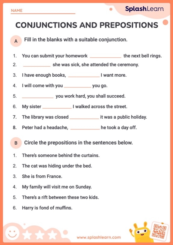 Fifth grade grammar worksheet focused on conjunctions with engaging review activities