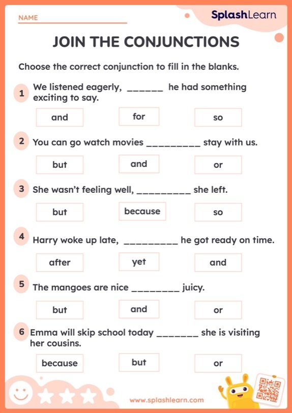 Worksheet featuring grammar review activities focusing on conjunctions for fifth graders. Conjunctions Grammar Review Worksheet for Fifth Grade - Activity 22.