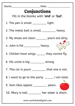 Grammar Review worksheet focusing on conjunctions for fifth graders with engaging activities