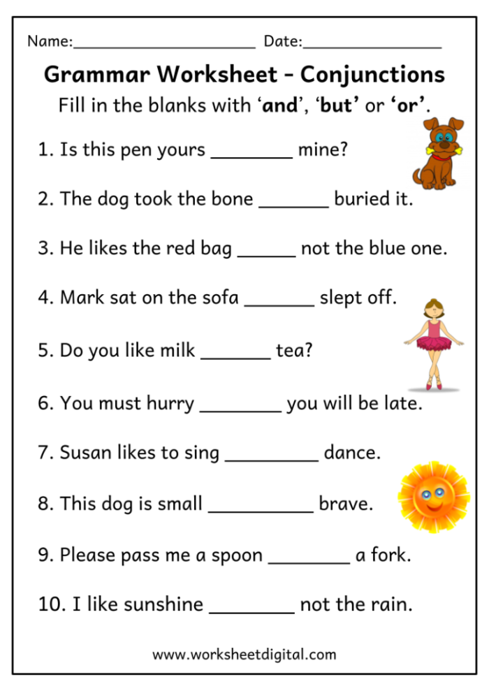Fifth grade grammar worksheet focused on learning and practicing conjunctions