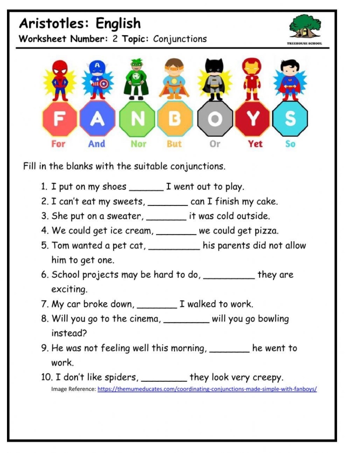 Fifth grade grammar review worksheet focusing on conjunctions exercises