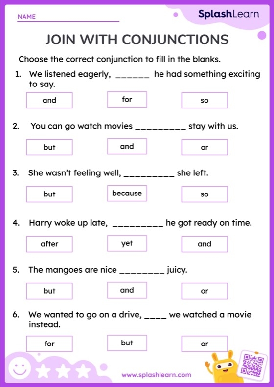 Fifth grade students completing a grammar review worksheet focused on conjunctions and parts of speech