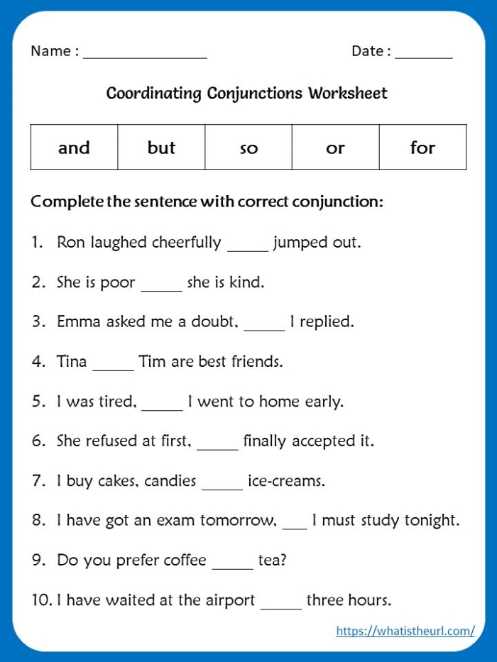Fifth grade grammar worksheet focused on learning conjunctions and sentence structure