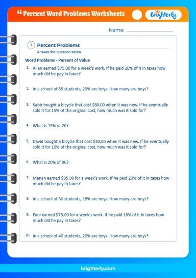 Writing worksheet for Fifth Grade Percentage word problems worksheet for fifth graders focusing on consumer math and money concepts. Engaging activities to help children understand percentages in real-life scenarios.